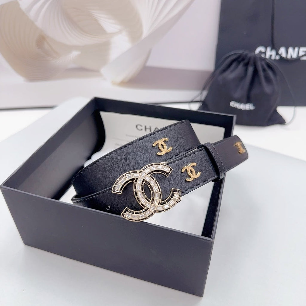CHANEL 30MM BELT IN BLACK SMOOTH CALFSKIN METAL LOGO GOLD HARDWARE