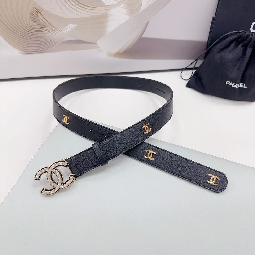 CHANEL 30MM BELT IN BLACK SMOOTH CALFSKIN METAL LOGO GOLD HARDWARE