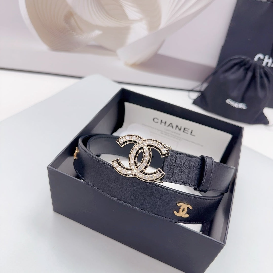 CHANEL 30MM BELT IN BLACK SMOOTH CALFSKIN METAL LOGO GOLD HARDWARE