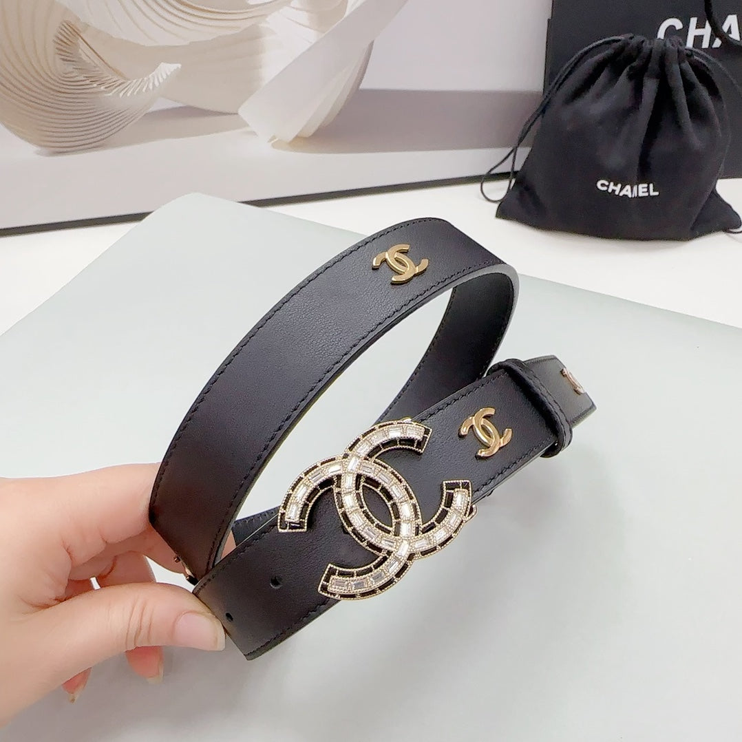 CHANEL 30MM BELT IN BLACK SMOOTH CALFSKIN METAL LOGO GOLD HARDWARE