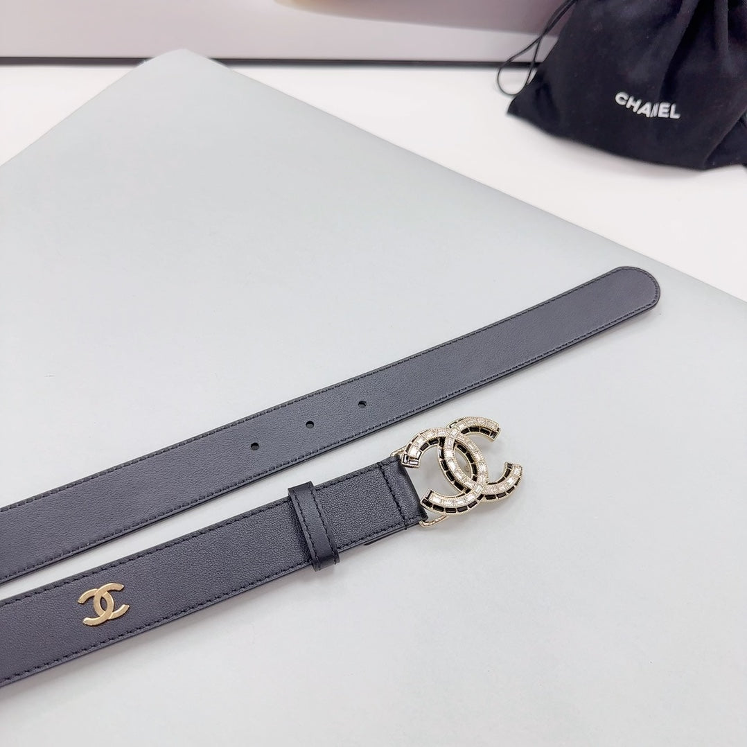CHANEL 30MM BELT IN BLACK SMOOTH CALFSKIN METAL LOGO GOLD HARDWARE