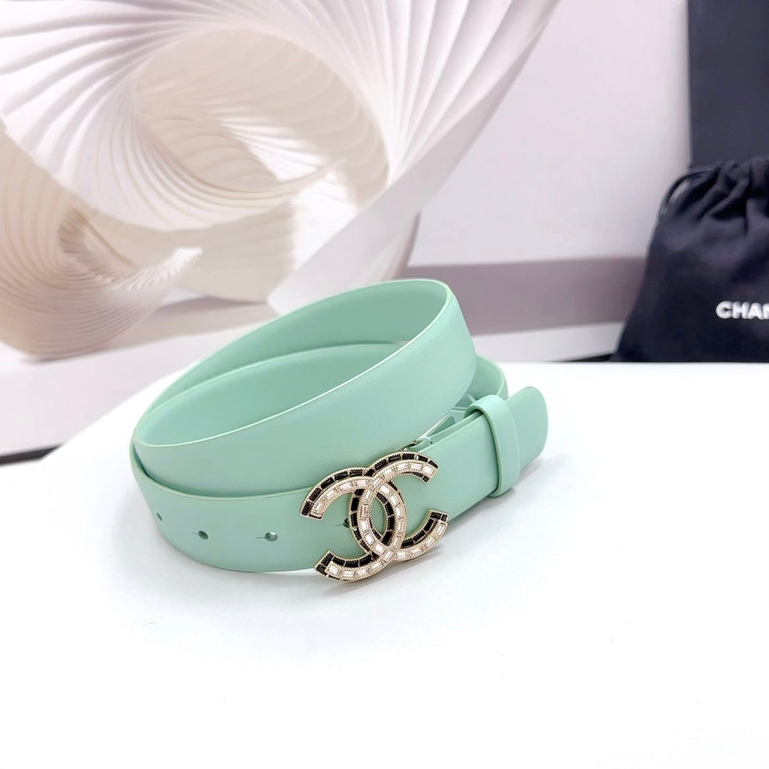 CHANEL 30MM BELT IN GREEN MINT CALFSKIN METAL HARDWARE