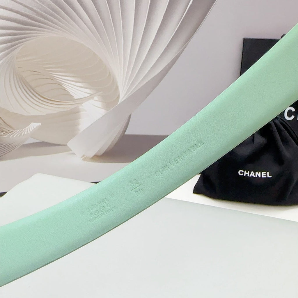 CHANEL 30MM BELT IN GREEN MINT CALFSKIN METAL HARDWARE