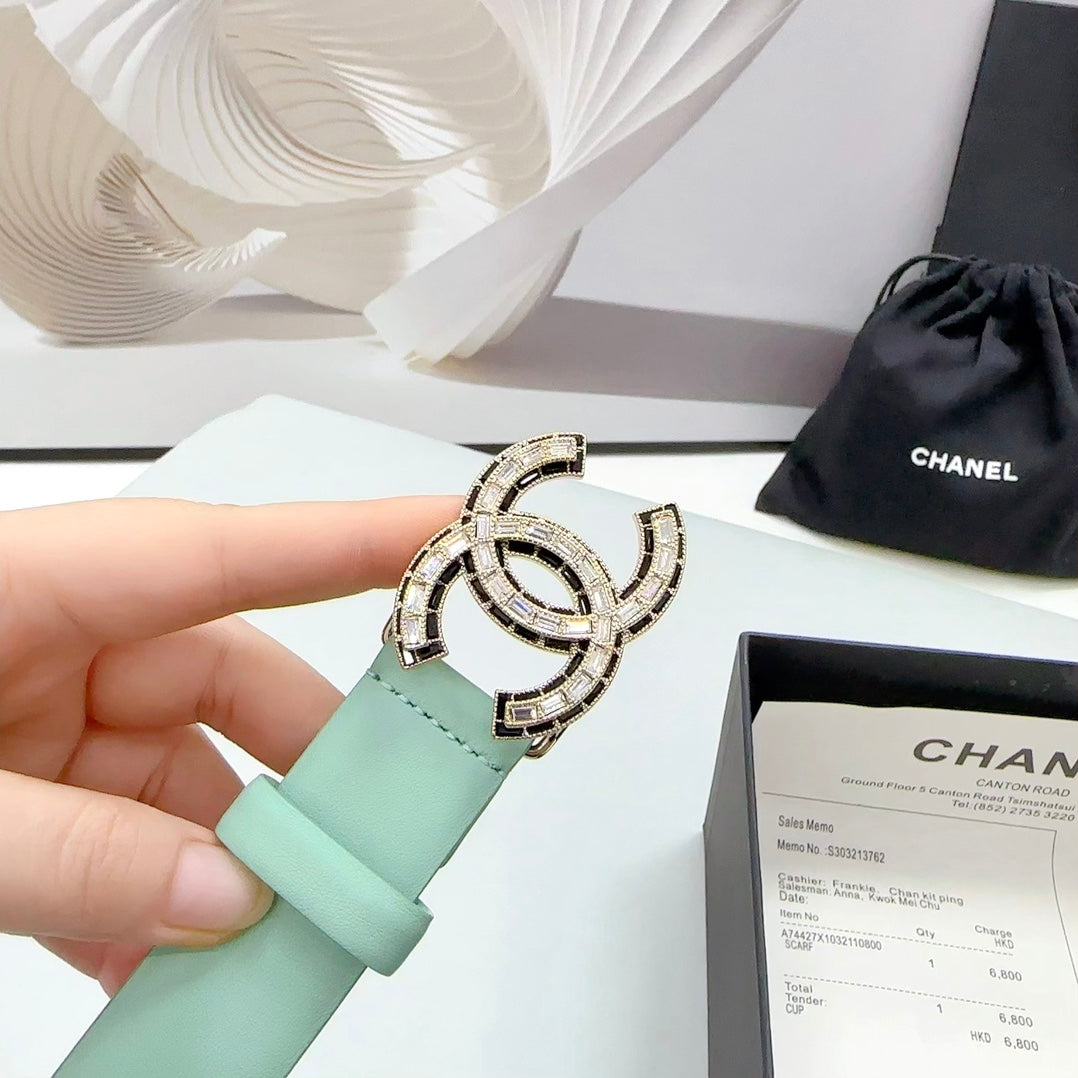 CHANEL 30MM BELT IN GREEN MINT CALFSKIN METAL HARDWARE