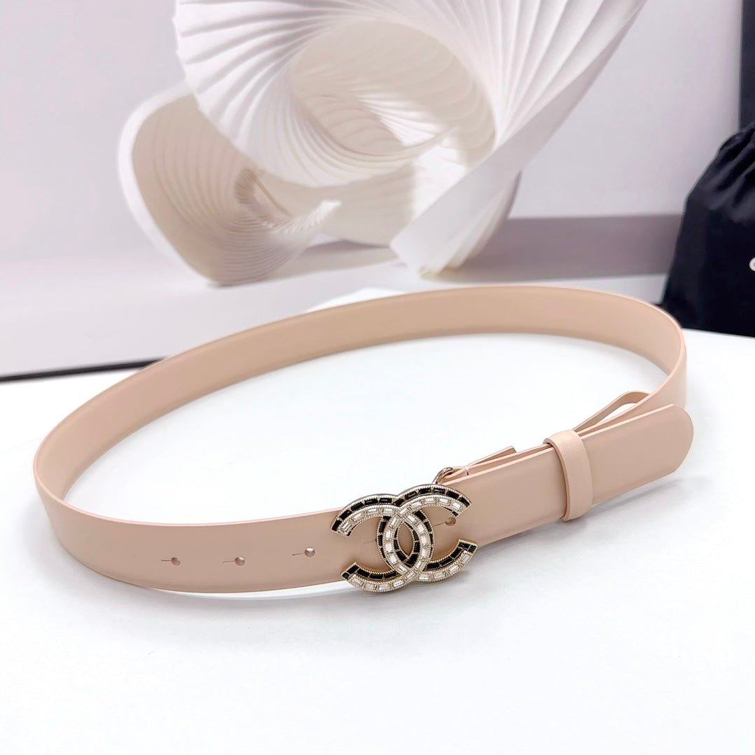 CHANEL 30MM BELT IN ALMOND BEIGE CALFSKIN METAL HARDWARE