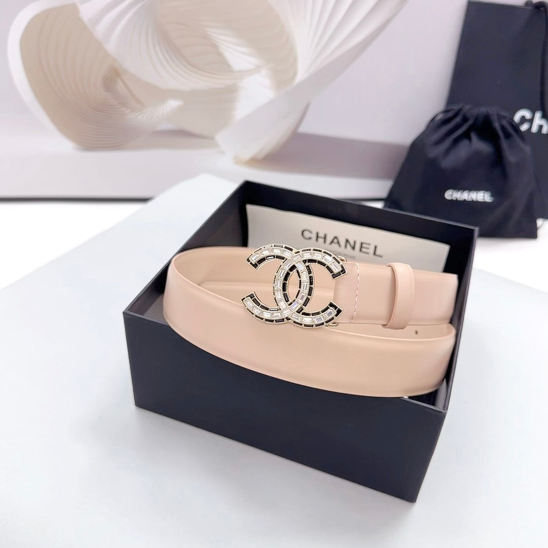 CHANEL 30MM BELT IN ALMOND BEIGE CALFSKIN METAL HARDWARE