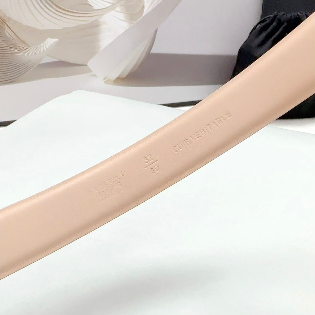CHANEL 30MM BELT IN ALMOND BEIGE CALFSKIN METAL HARDWARE
