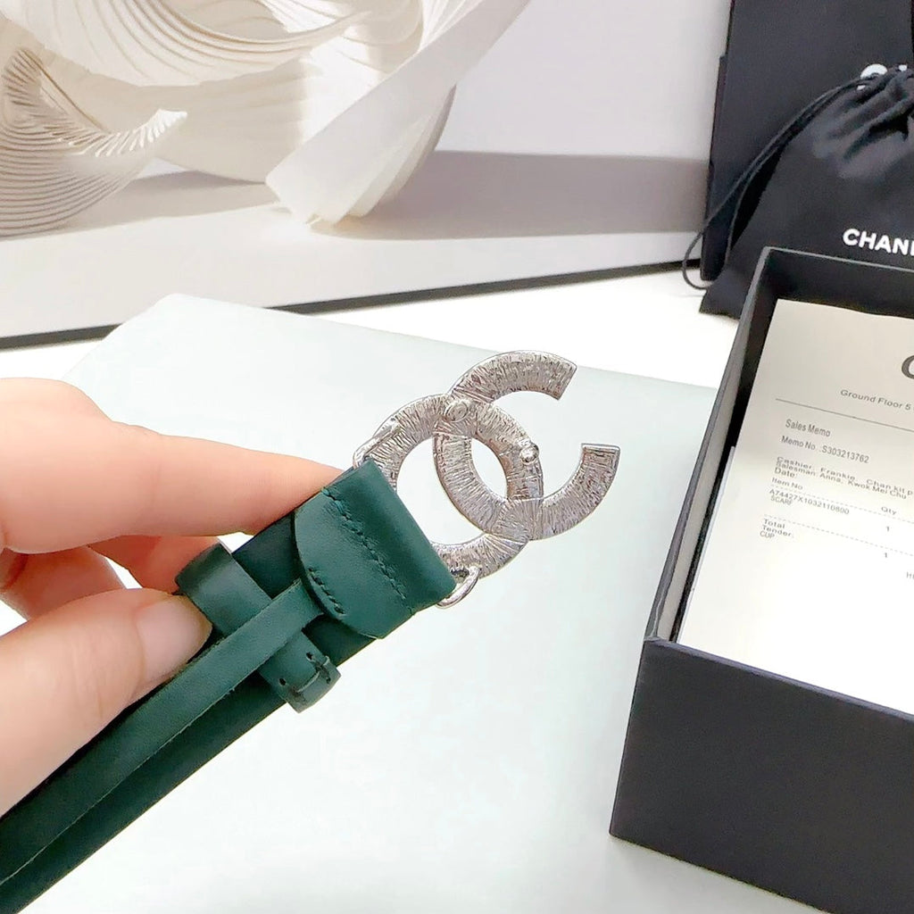 CHANEL 30MM BELT IN GREEN FOREST CALFSKIN METAL HARDWARE