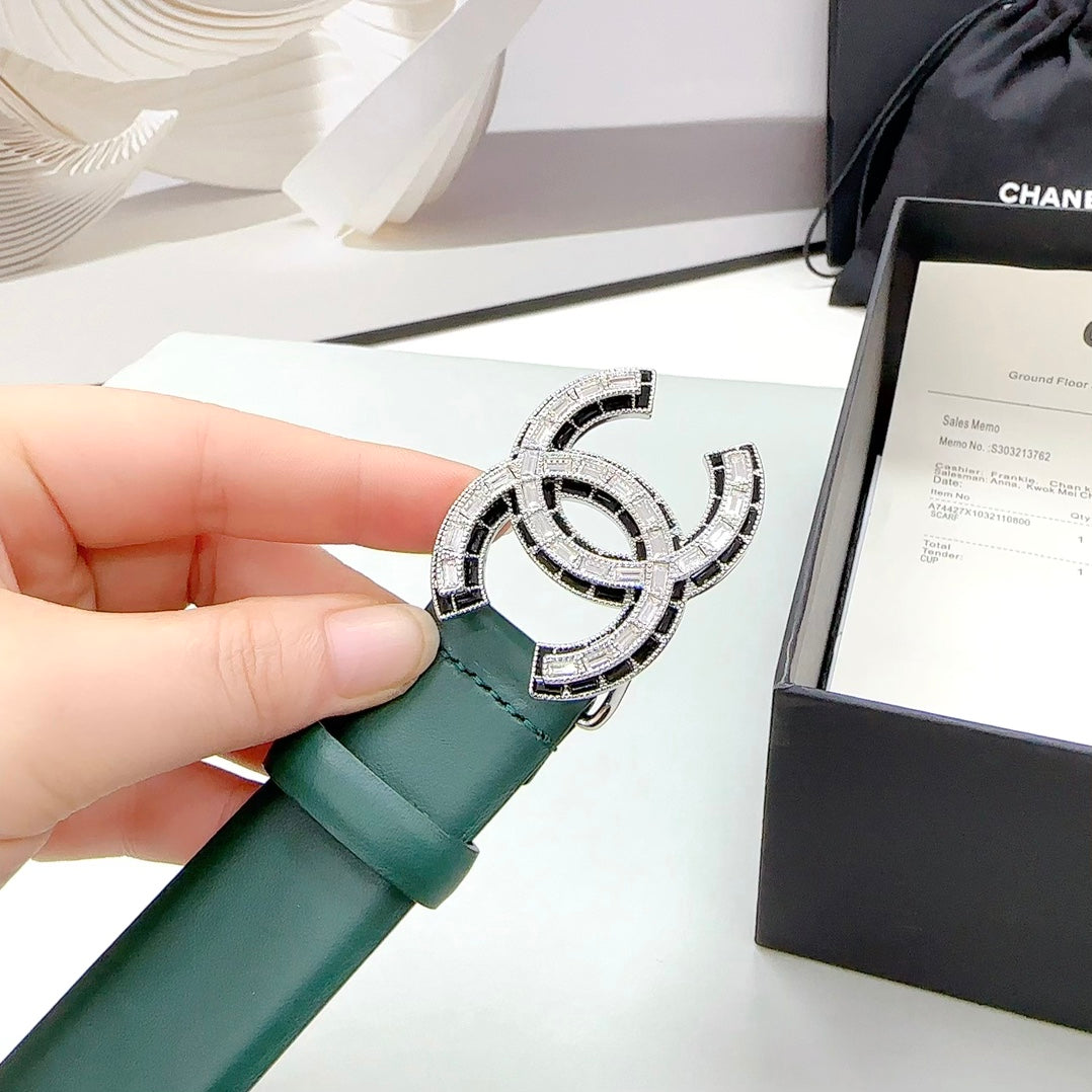 CHANEL 30MM BELT IN GREEN FOREST CALFSKIN METAL HARDWARE