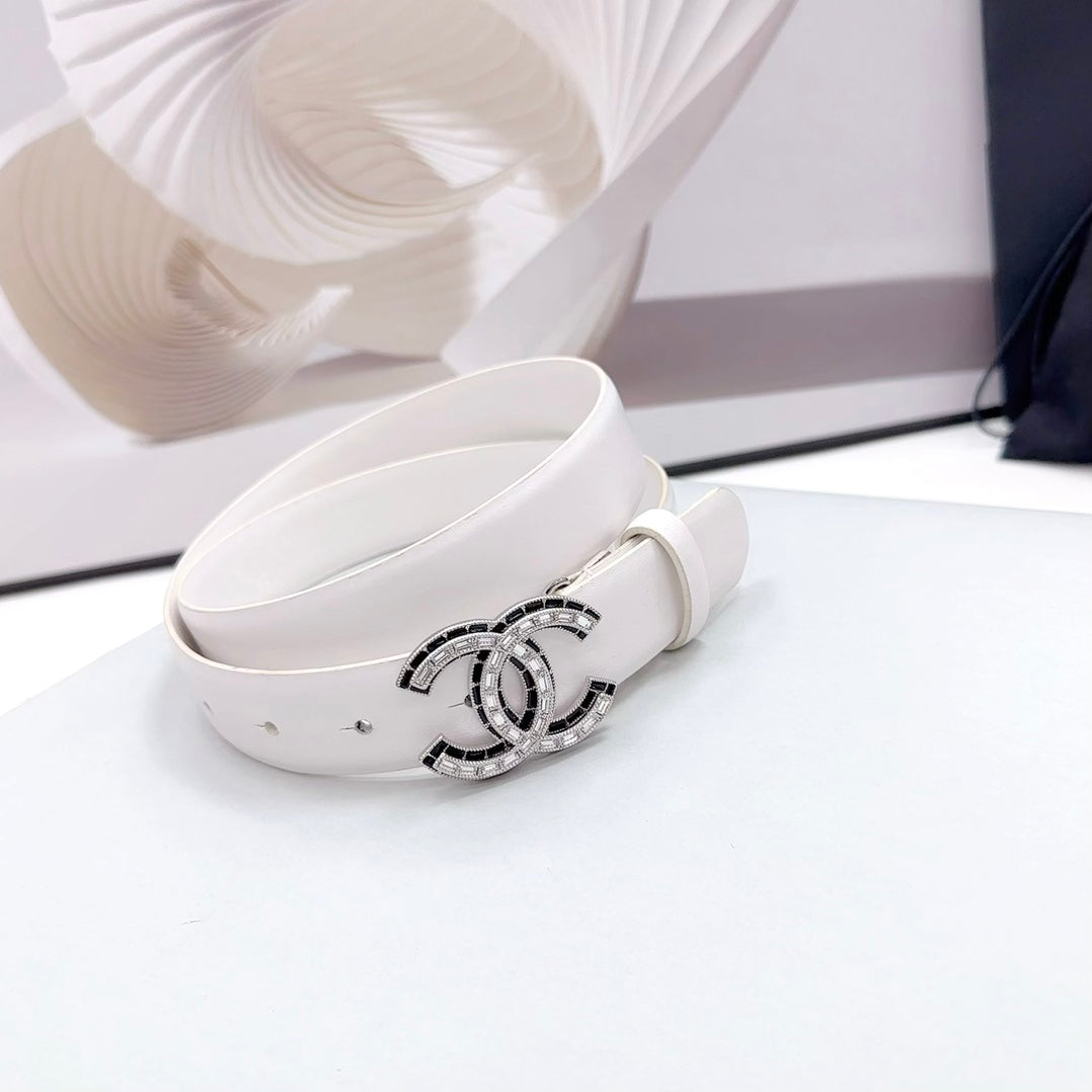 CHANEL 30MM BELT IN WHITE CALFSKIN METAL HARDWARE