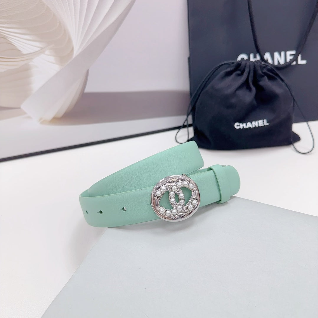 CHANEL 30MM BELT IN GREEN MINT CALFSKIN SILVER HARDWARE ATTACH PEARLS