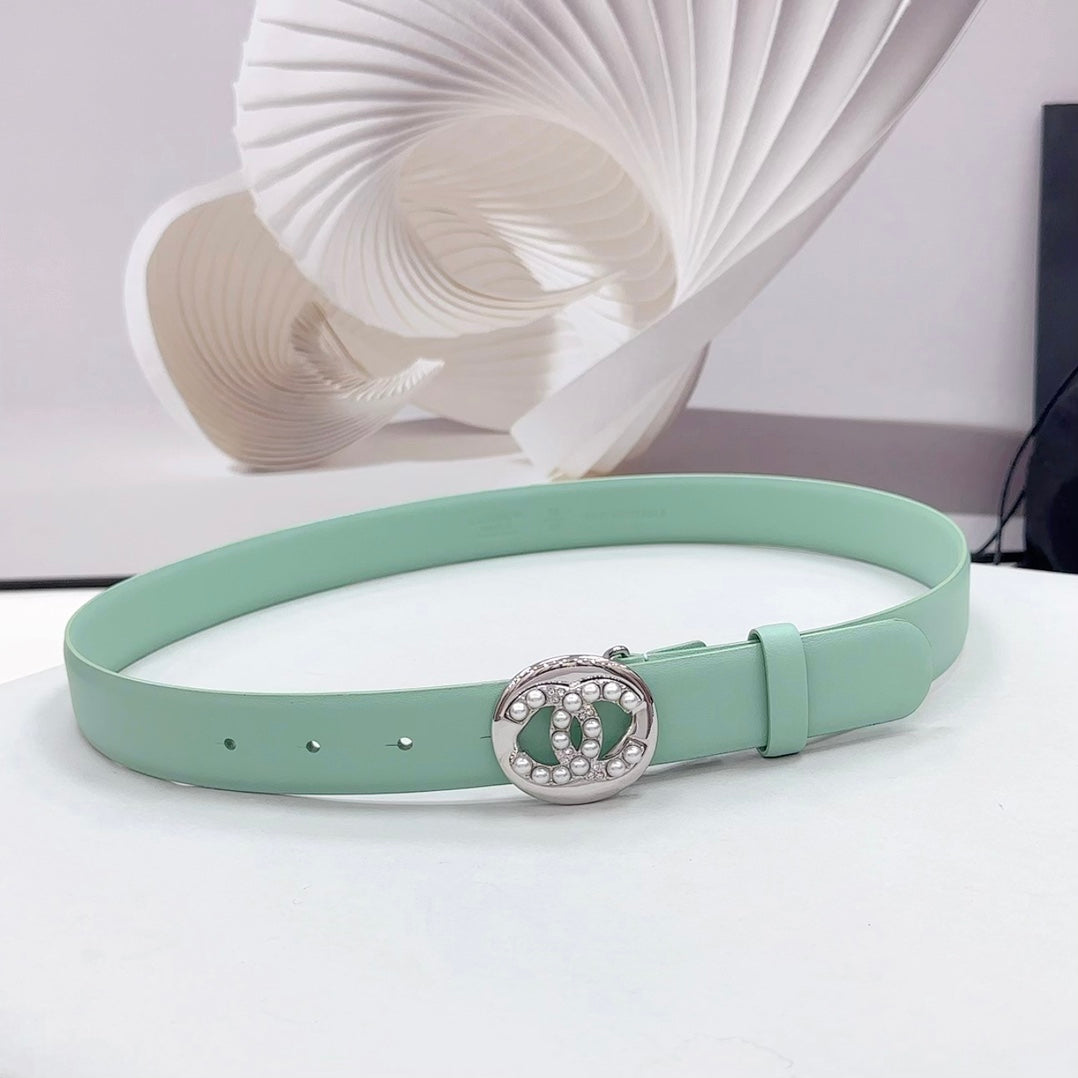 CHANEL 30MM BELT IN GREEN MINT CALFSKIN SILVER HARDWARE ATTACH PEARLS