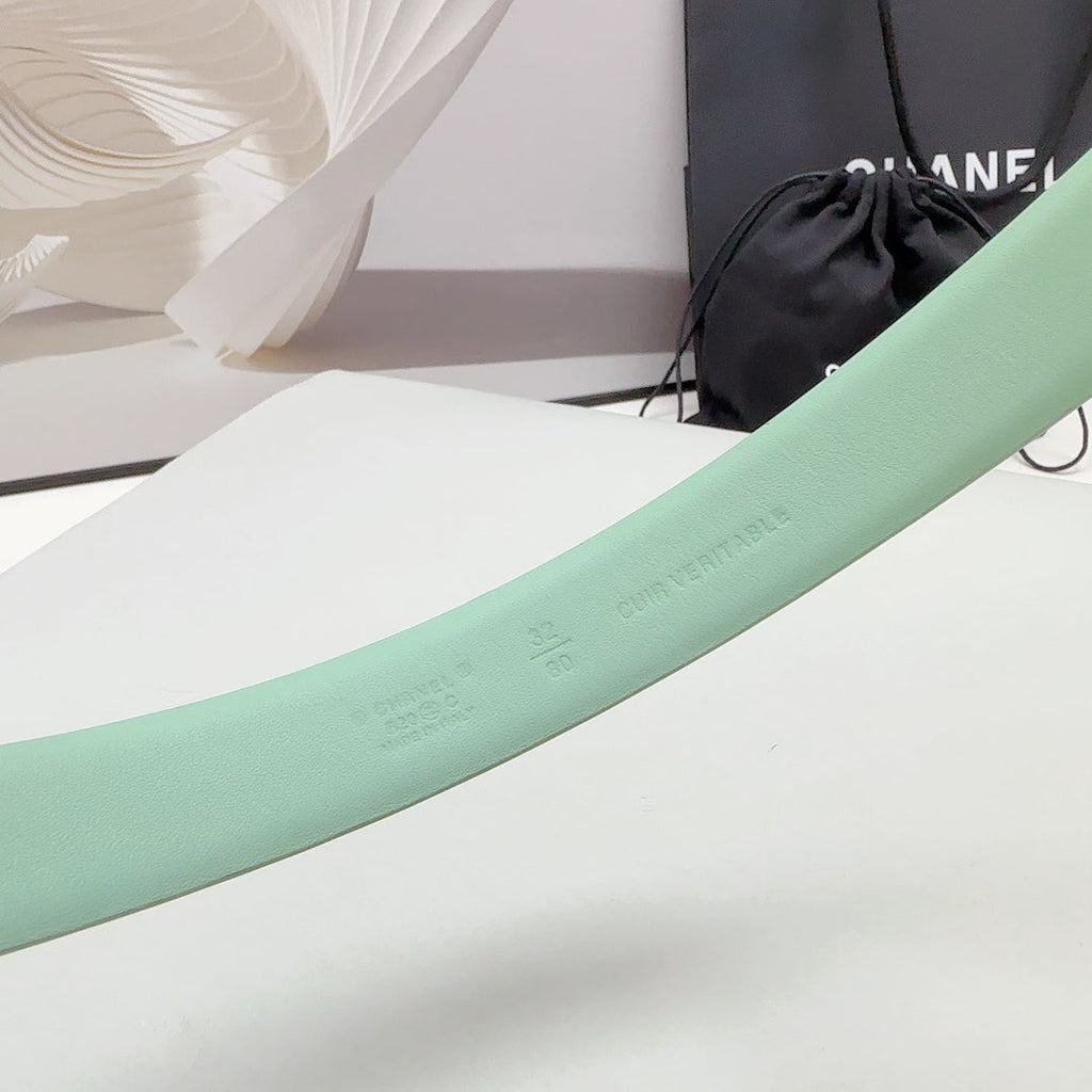 CHANEL 30MM BELT IN GREEN MINT CALFSKIN SILVER HARDWARE ATTACH PEARLS