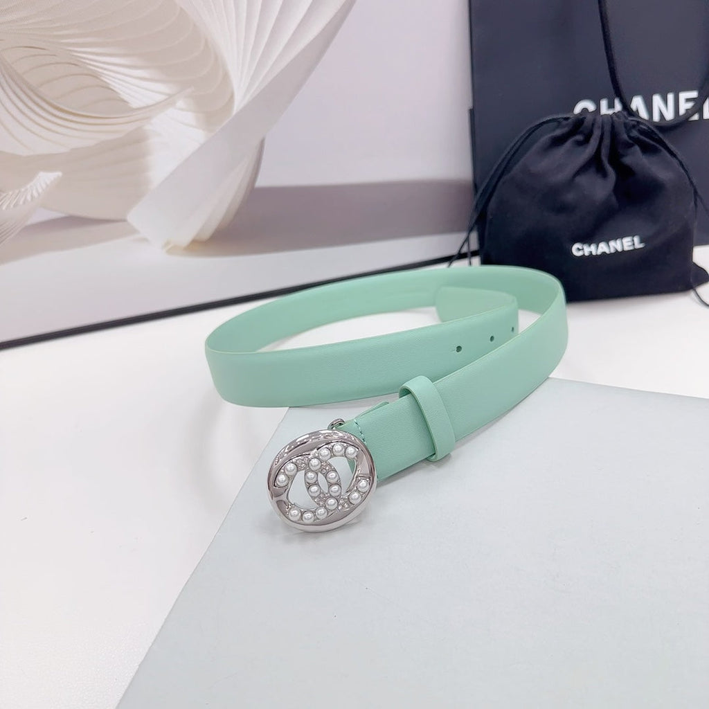 CHANEL 30MM BELT IN GREEN MINT CALFSKIN SILVER HARDWARE ATTACH PEARLS