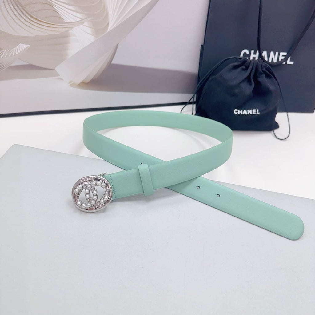 CHANEL 30MM BELT IN GREEN MINT CALFSKIN SILVER HARDWARE ATTACH PEARLS
