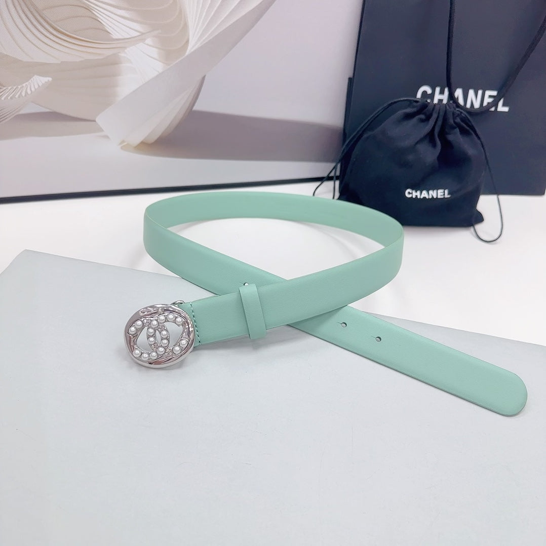 CHANEL 30MM BELT IN GREEN MINT CALFSKIN SILVER HARDWARE ATTACH PEARLS