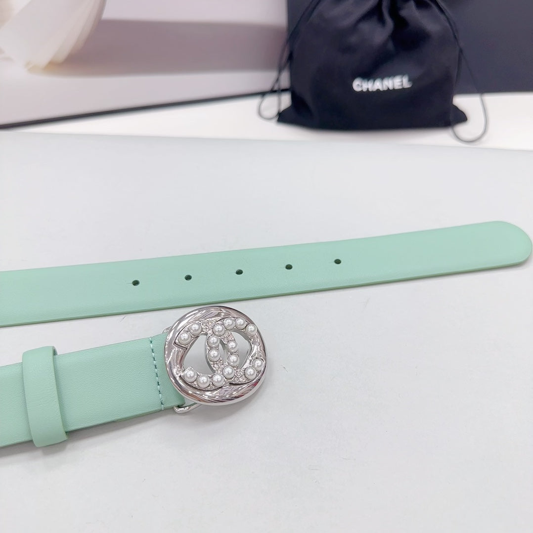 CHANEL 30MM BELT IN GREEN MINT CALFSKIN SILVER HARDWARE ATTACH PEARLS