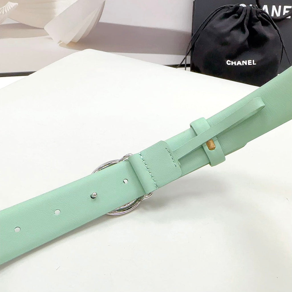 CHANEL 30MM BELT IN GREEN MINT CALFSKIN SILVER HARDWARE ATTACH PEARLS