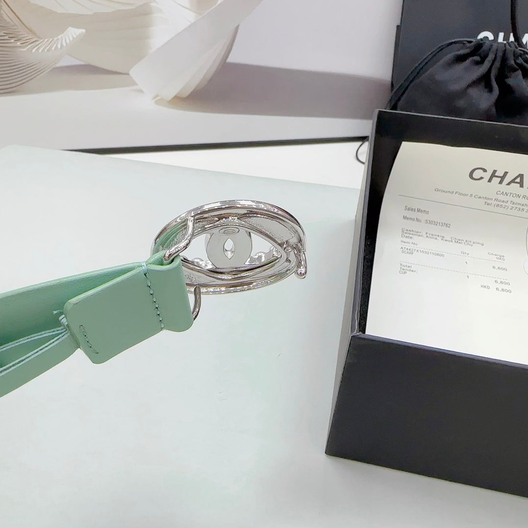 CHANEL 30MM BELT IN GREEN MINT CALFSKIN SILVER HARDWARE ATTACH PEARLS