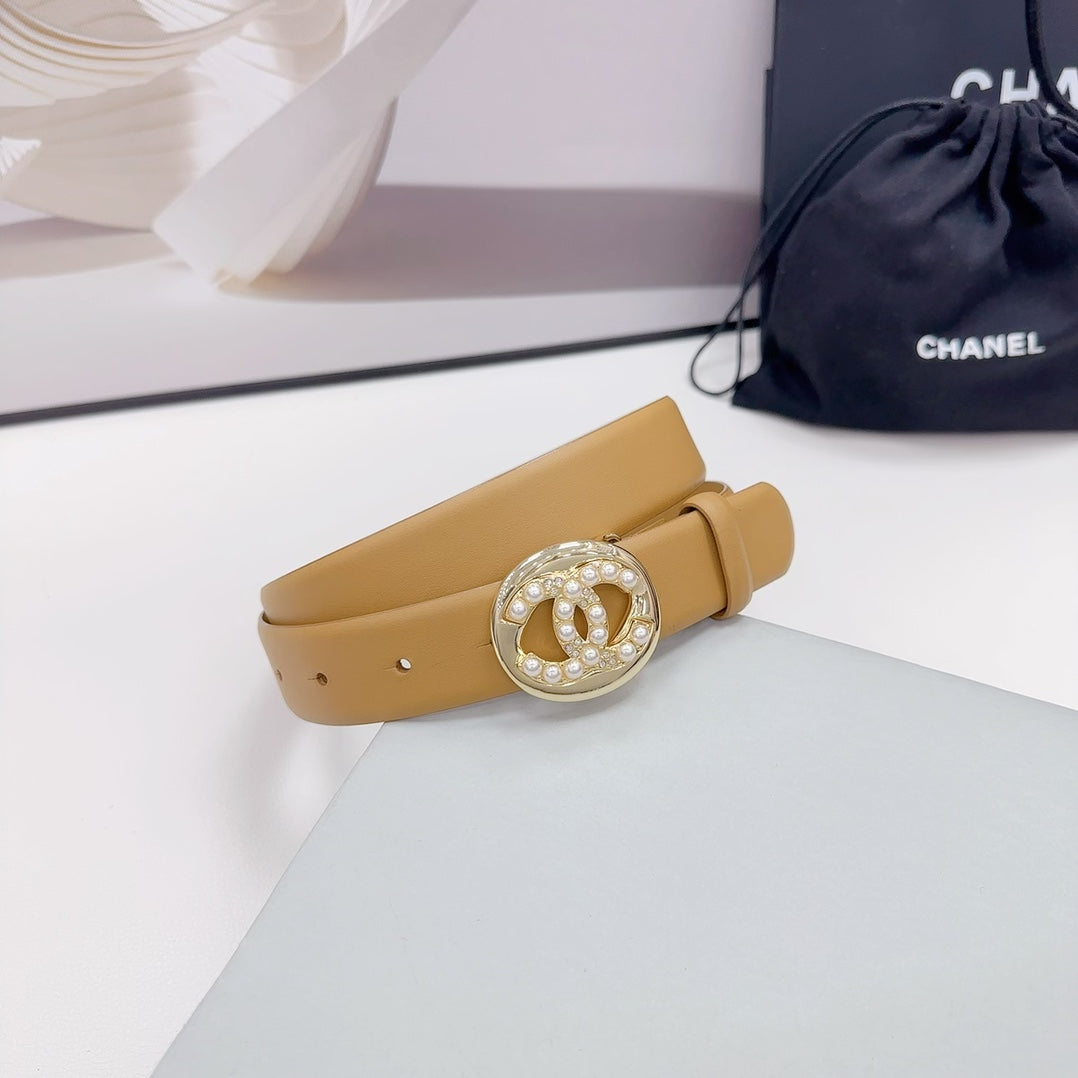 CHANEL 30MM BELT IN CAMEL BEIGE CALFSKIN SILVER HARDWARE ATTACH PEARLS