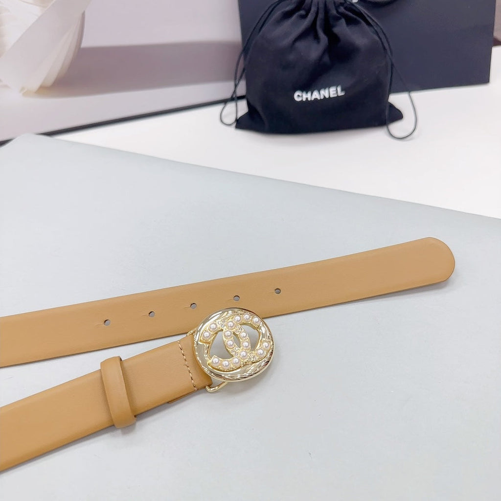 CHANEL 30MM BELT IN CAMEL BEIGE CALFSKIN SILVER HARDWARE ATTACH PEARLS