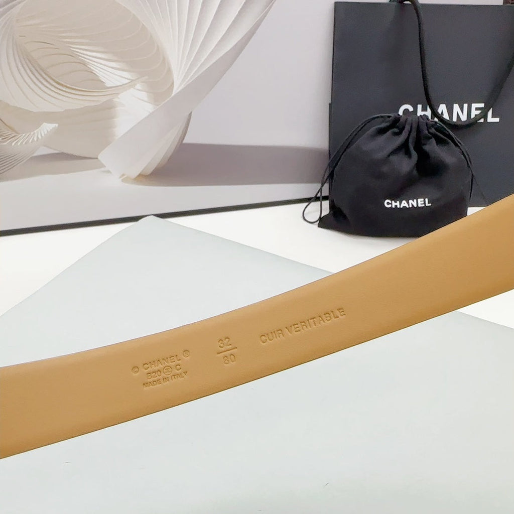 CHANEL 30MM BELT IN CAMEL BEIGE CALFSKIN SILVER HARDWARE ATTACH PEARLS