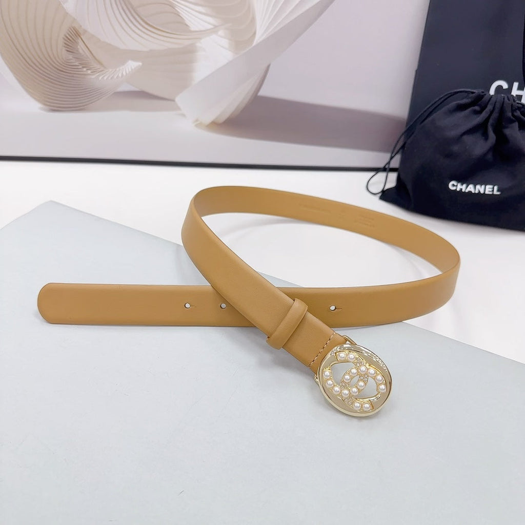 CHANEL 30MM BELT IN CAMEL BEIGE CALFSKIN SILVER HARDWARE ATTACH PEARLS