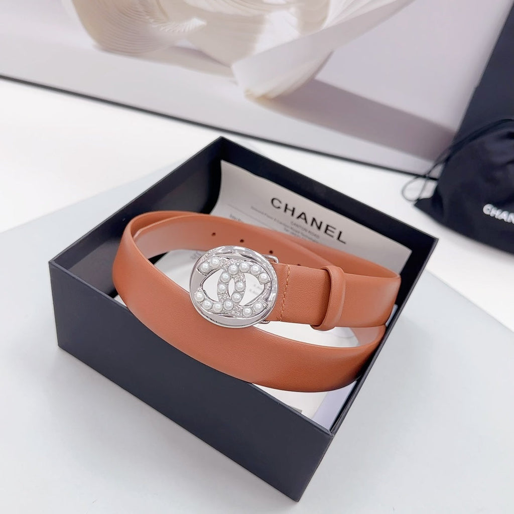 CHANEL 30MM BELT IN ALLOY ORANGE CALFSKIN SILVER HARDWARE ATTACH PEARLS