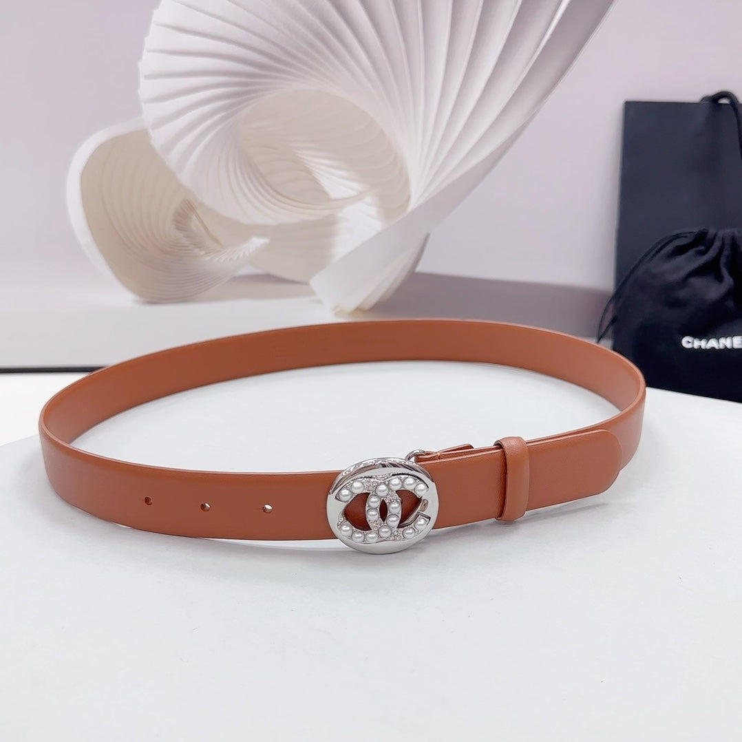 CHANEL 30MM BELT IN ALLOY ORANGE CALFSKIN SILVER HARDWARE ATTACH PEARLS