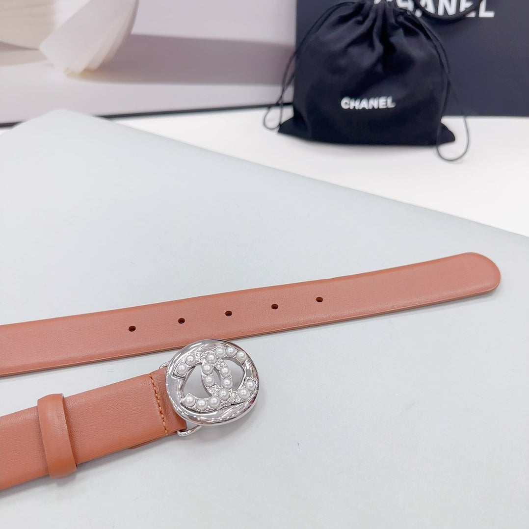 CHANEL 30MM BELT IN ALLOY ORANGE CALFSKIN SILVER HARDWARE ATTACH PEARLS