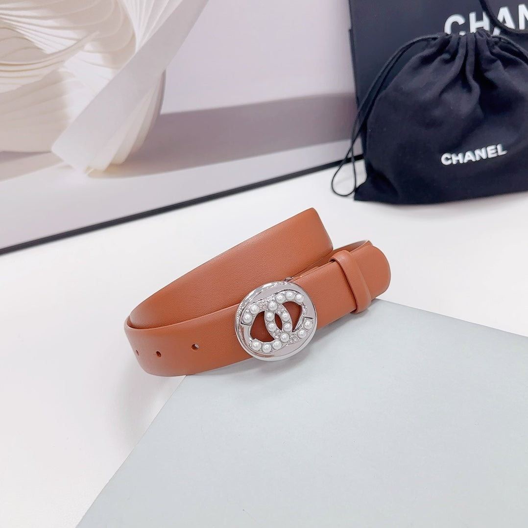 CHANEL 30MM BELT IN ALLOY ORANGE CALFSKIN SILVER HARDWARE ATTACH PEARLS