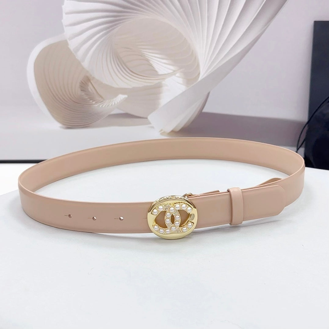 CHANEL 30MM BELT IN NUDE BEIGE CALFSKIN GOLD HARDWARE ATTACH PEARLS