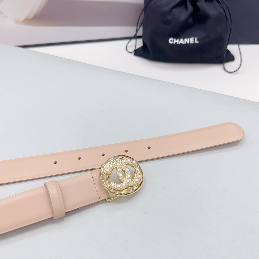CHANEL 30MM BELT IN NUDE BEIGE CALFSKIN GOLD HARDWARE ATTACH PEARLS