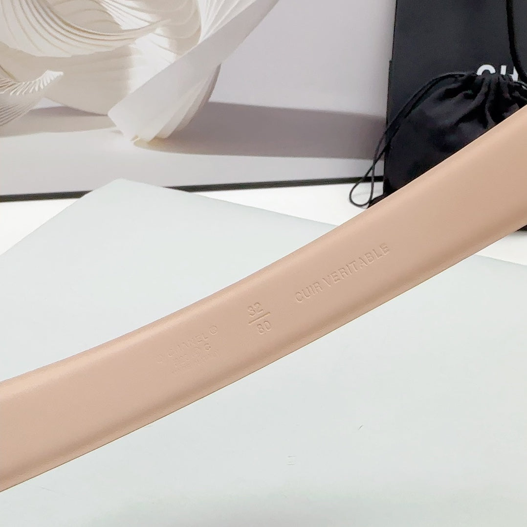 CHANEL 30MM BELT IN NUDE BEIGE CALFSKIN GOLD HARDWARE ATTACH PEARLS