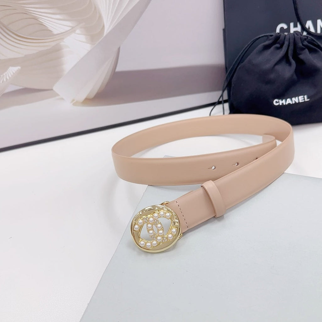 CHANEL 30MM BELT IN NUDE BEIGE CALFSKIN GOLD HARDWARE ATTACH PEARLS