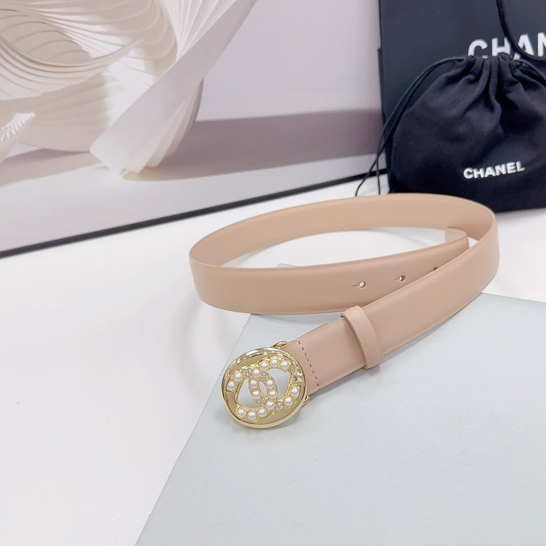 CHANEL 30MM BELT IN NUDE BEIGE CALFSKIN GOLD HARDWARE ATTACH PEARLS