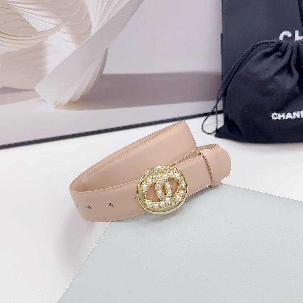 CHANEL 30MM BELT IN NUDE BEIGE CALFSKIN GOLD HARDWARE ATTACH PEARLS