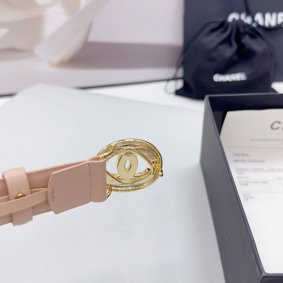 CHANEL 30MM BELT IN NUDE BEIGE CALFSKIN GOLD HARDWARE ATTACH PEARLS