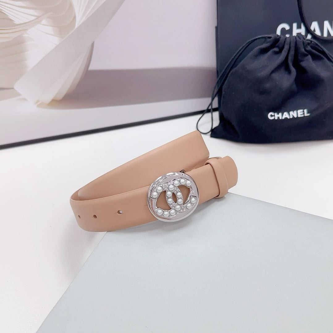 CHANEL 30MM BELT IN DESERT SAND CALFSKIN SILVER HARDWARE ATTACH PEARLS