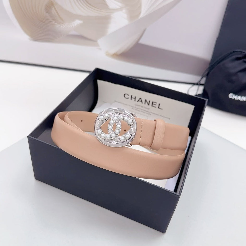 CHANEL 30MM BELT IN DESERT SAND CALFSKIN SILVER HARDWARE ATTACH PEARLS