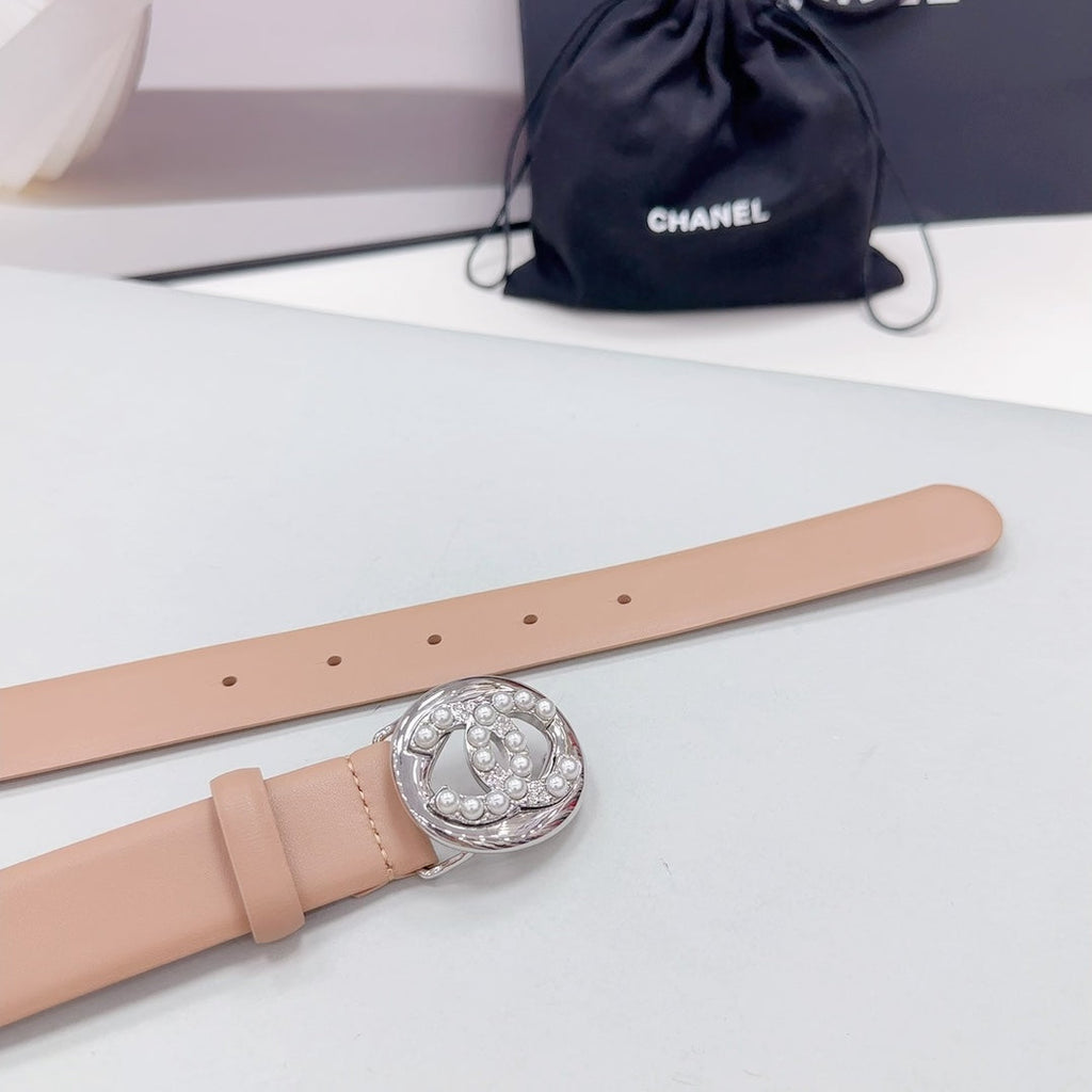 CHANEL 30MM BELT IN DESERT SAND CALFSKIN SILVER HARDWARE ATTACH PEARLS