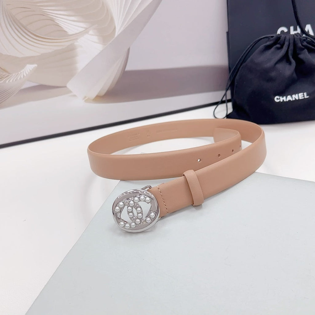 CHANEL 30MM BELT IN DESERT SAND CALFSKIN SILVER HARDWARE ATTACH PEARLS