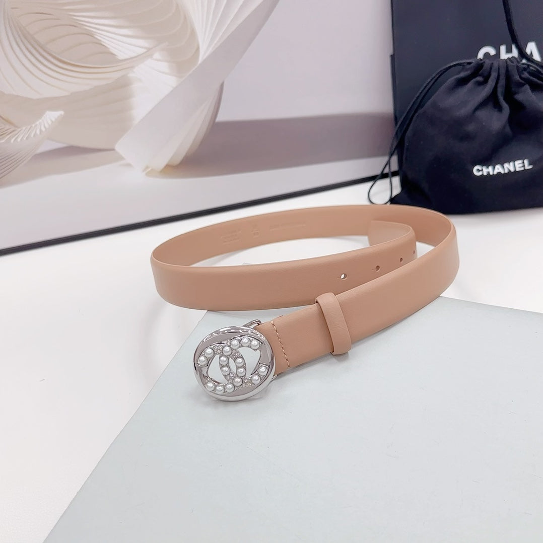 CHANEL 30MM BELT IN DESERT SAND CALFSKIN SILVER HARDWARE ATTACH PEARLS