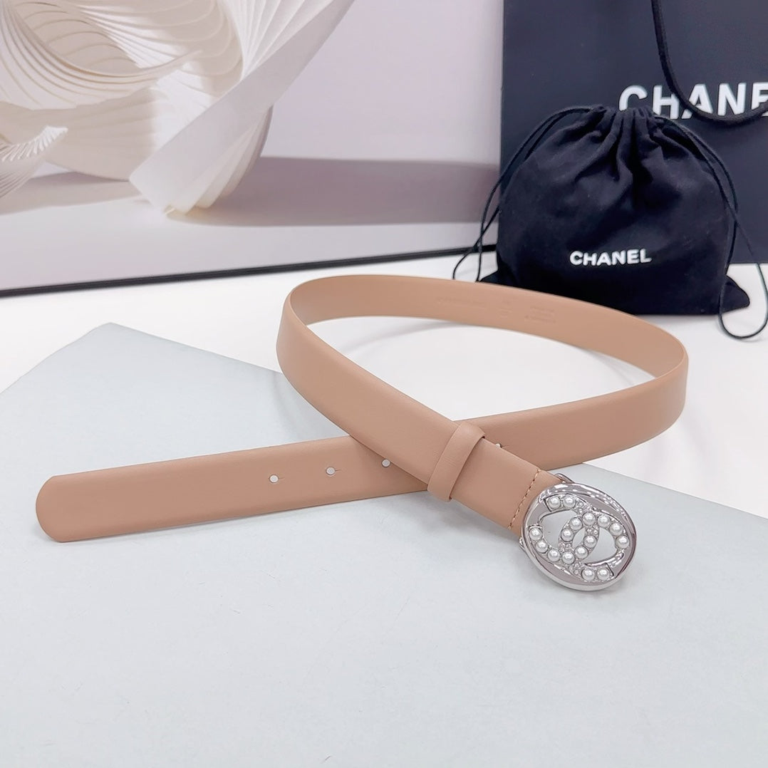 CHANEL 30MM BELT IN DESERT SAND CALFSKIN SILVER HARDWARE ATTACH PEARLS