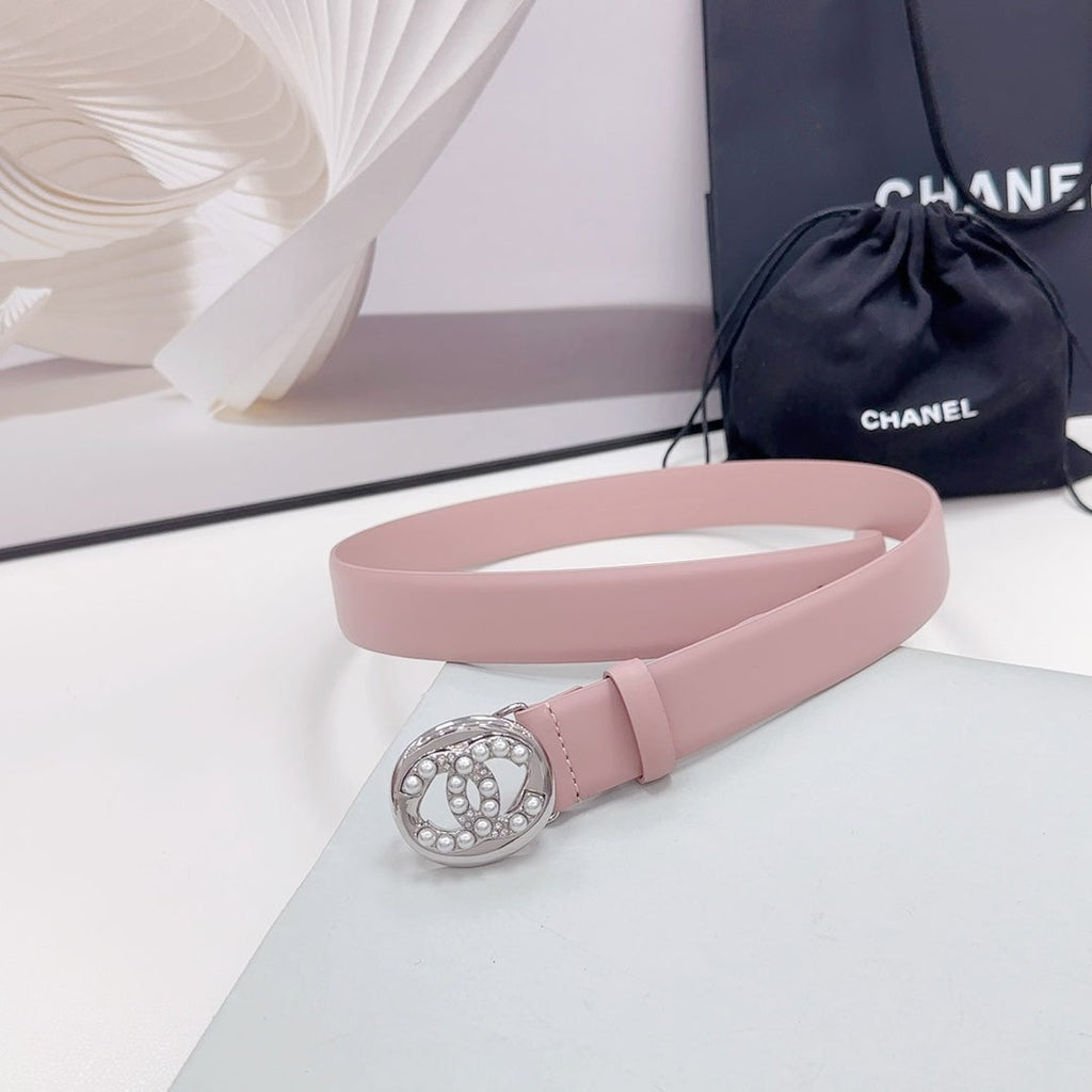 CHANEL 30MM BELT IN FLAMINGO PINK CALFSKIN SILVER HARDWARE ATTACH PEARLS