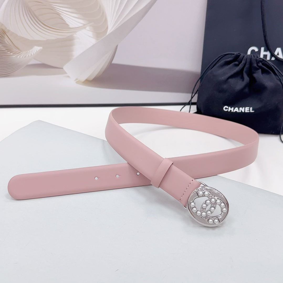 CHANEL 30MM BELT IN FLAMINGO PINK CALFSKIN SILVER HARDWARE ATTACH PEARLS