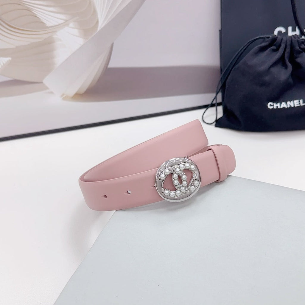 CHANEL 30MM BELT IN FLAMINGO PINK CALFSKIN SILVER HARDWARE ATTACH PEARLS