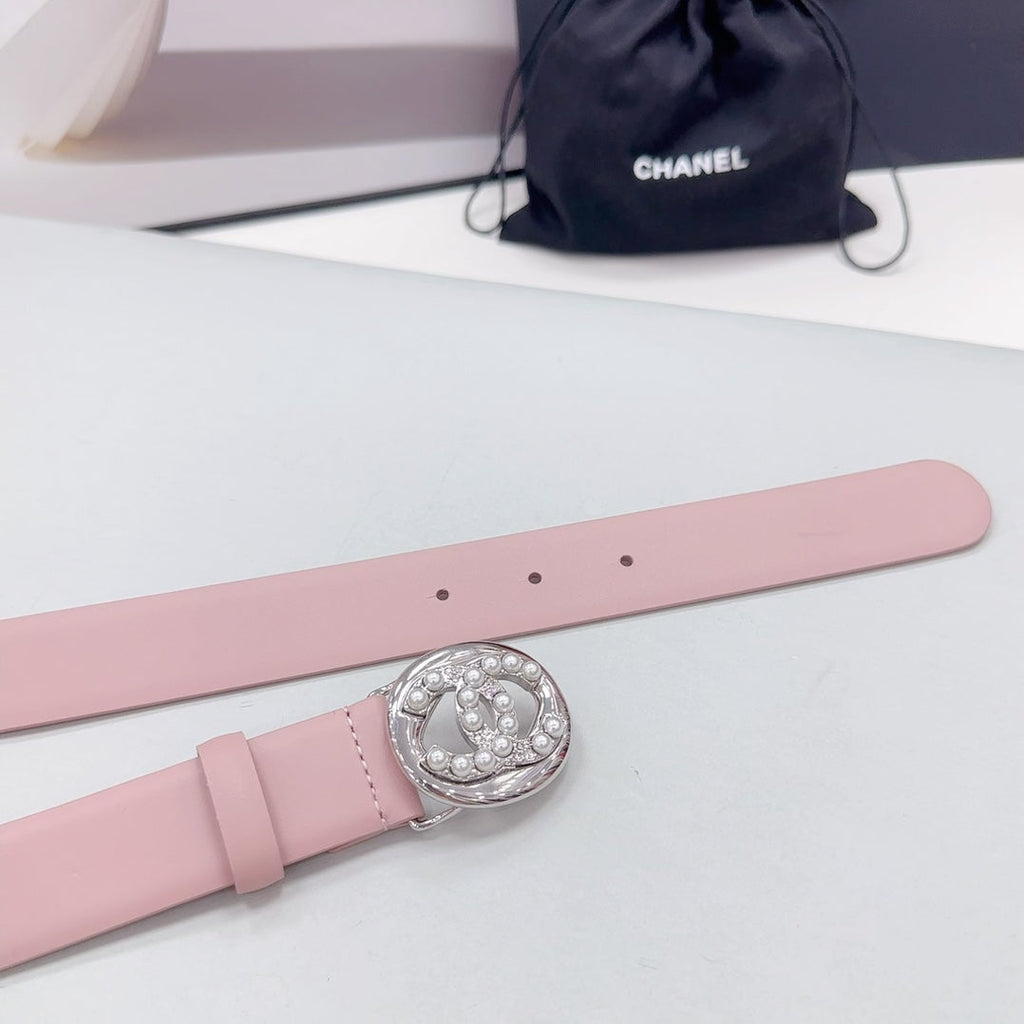 CHANEL 30MM BELT IN FLAMINGO PINK CALFSKIN SILVER HARDWARE ATTACH PEARLS