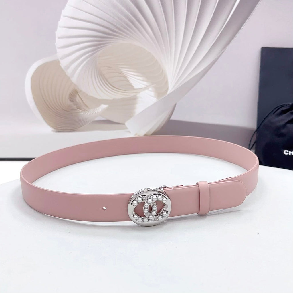 CHANEL 30MM BELT IN FLAMINGO PINK CALFSKIN SILVER HARDWARE ATTACH PEARLS