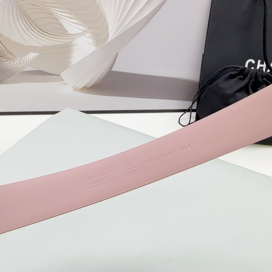 CHANEL 30MM BELT IN FLAMINGO PINK CALFSKIN SILVER HARDWARE ATTACH PEARLS